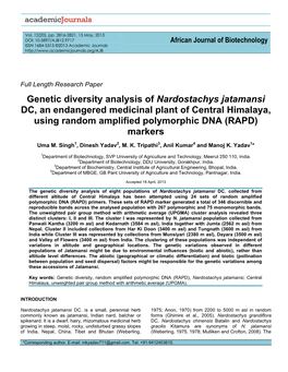 Genetic Diversity Analysis of Nardostachys Jatamansi DC, an Endangered Medicinal Plant of Central Himalaya, Using Random Amplified Polymorphic DNA (RAPD) Markers