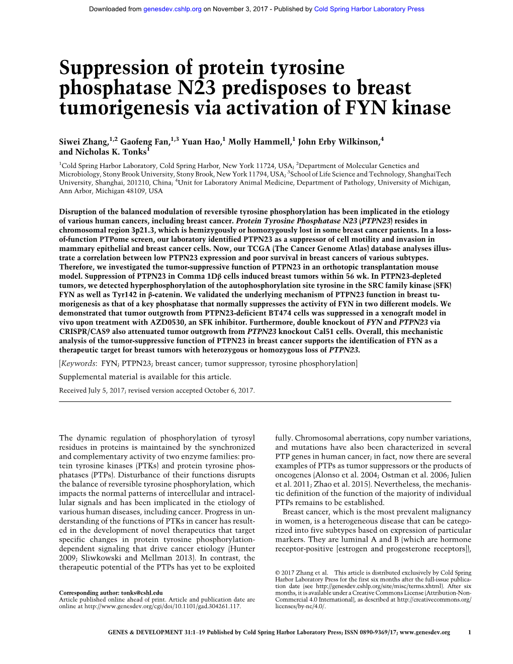 Suppression of Protein Tyrosine Phosphatase N23 Predisposes to Breast Tumorigenesis Via Activation of FYN Kinase