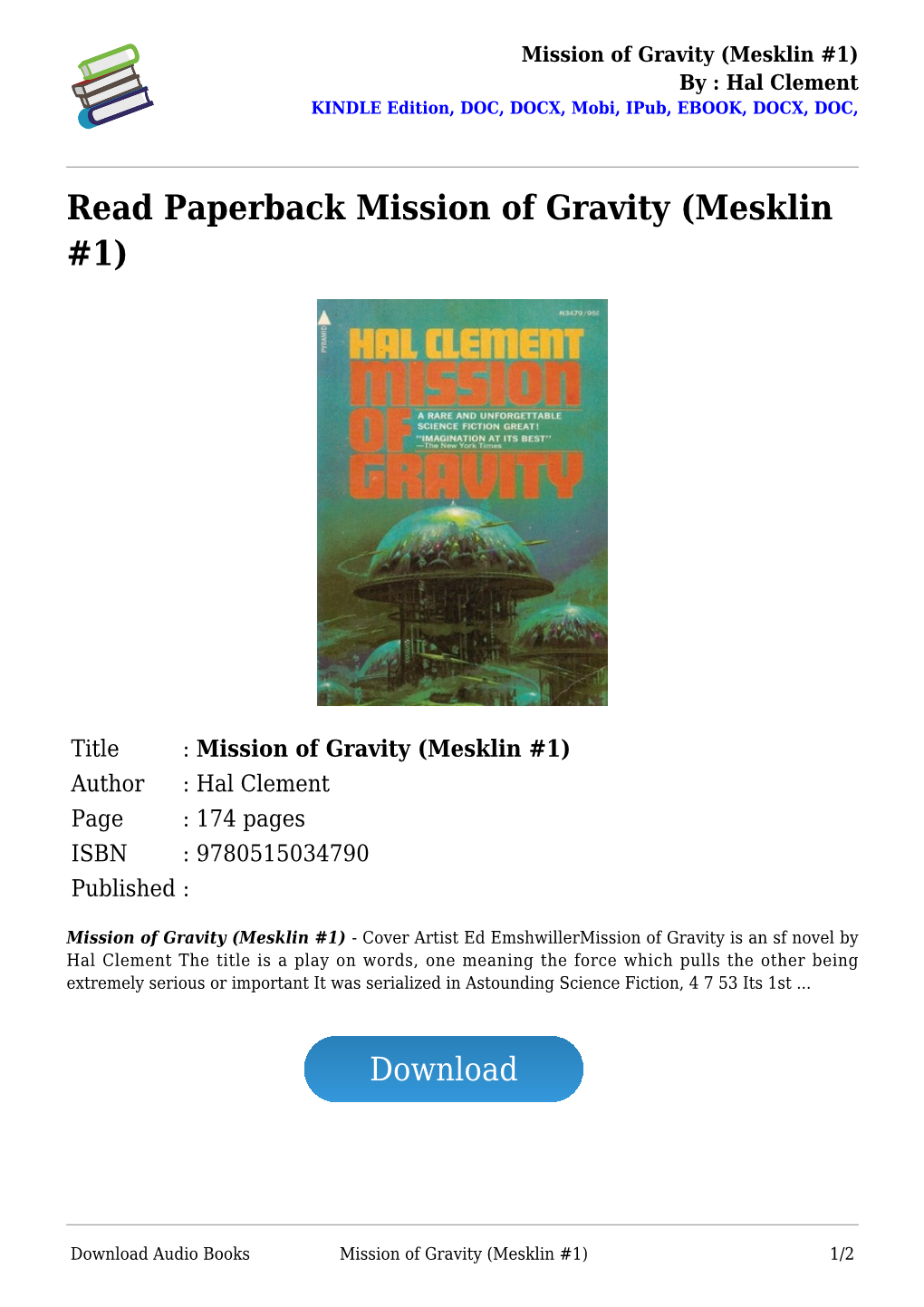 Read Paperback Mission of Gravity (Mesklin #1)