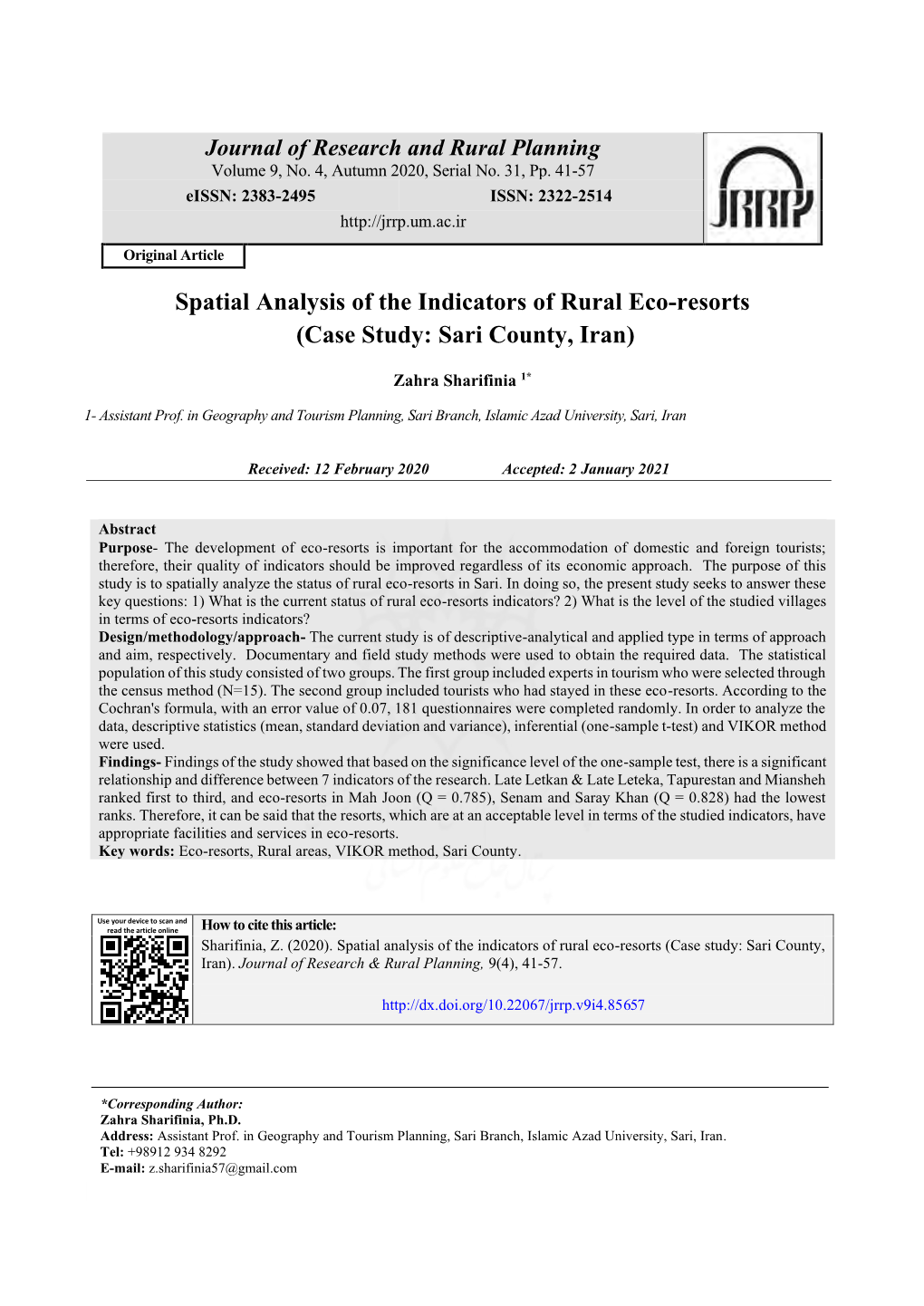 Spatial Analysis of the Indicators of Rural Eco-Resorts (Case Study: Sari County, Iran)