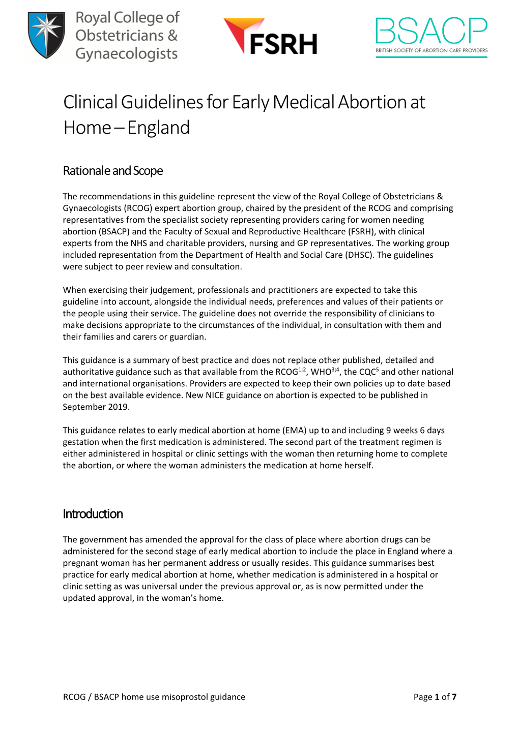 Clinical Guidelines for Early Medical Abortion at Home – England