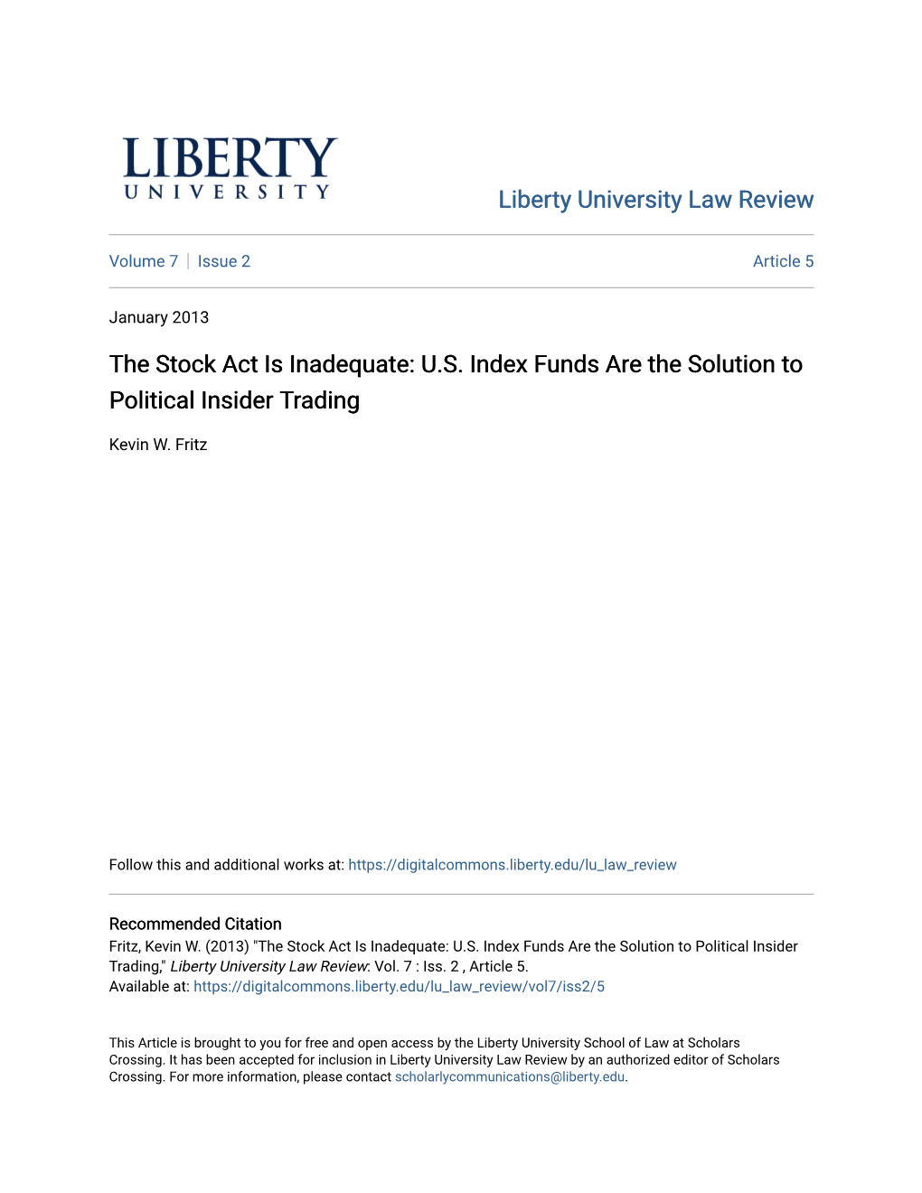 The Stock Act Is Inadequate: U.S. Index Funds Are the Solution to Political Insider Trading