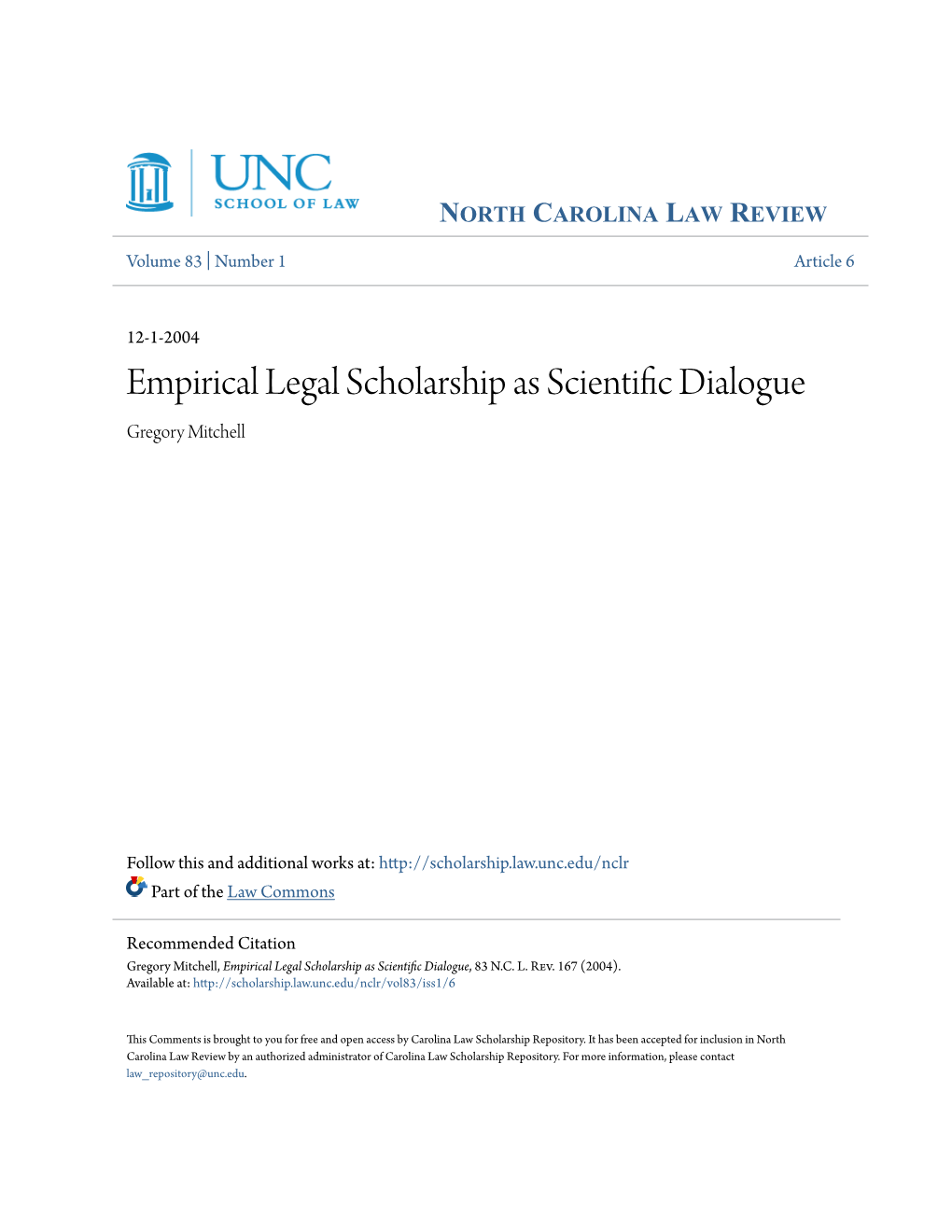 Empirical Legal Scholarship As Scientific Dialogue Gregory Mitchell