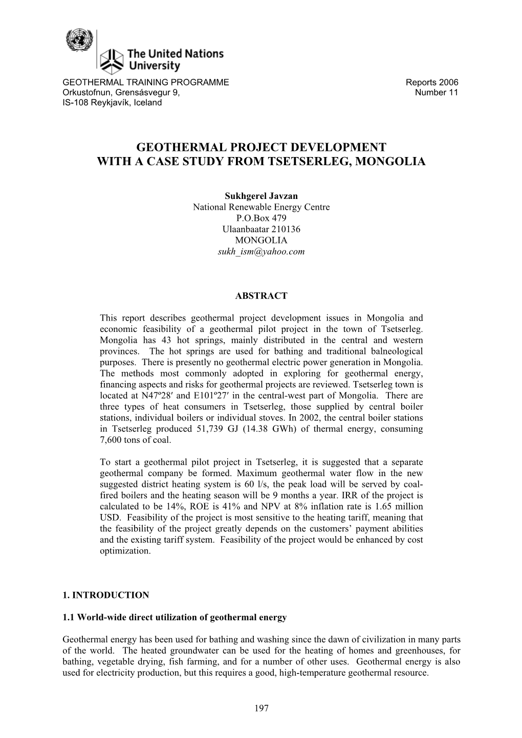 Geothermal Project Development with a Case Study from Tsetserleg, Mongolia