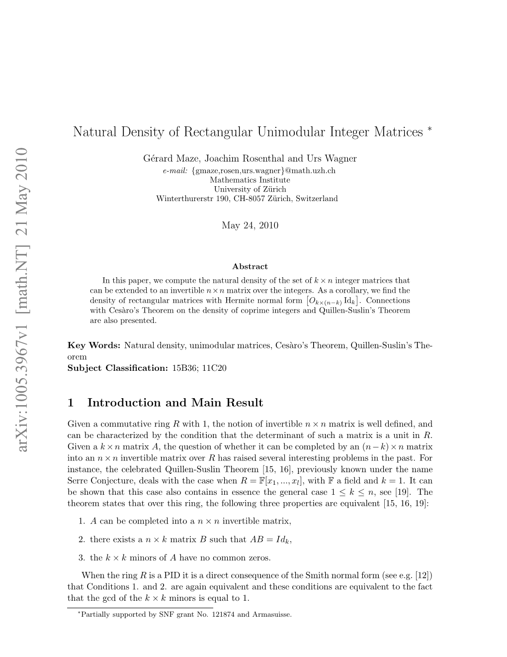 'Natural Density of Rectangular Unimodular Integer Matrices'