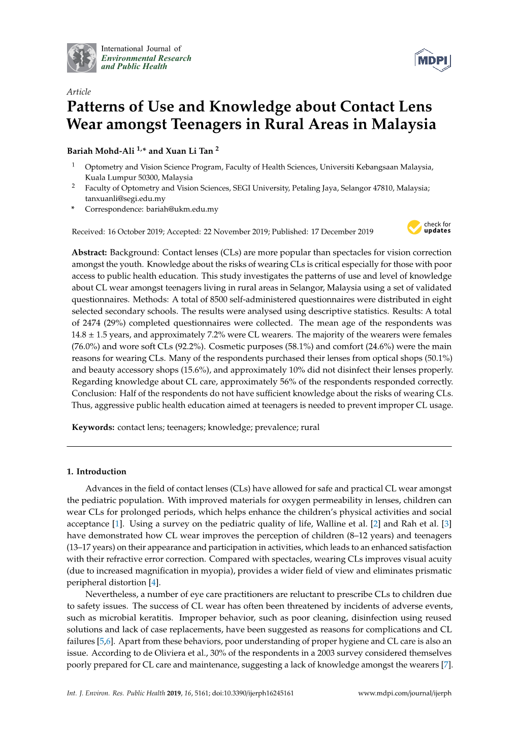 Patterns of Use and Knowledge About Contact Lens Wear Amongst Teenagers in Rural Areas in Malaysia