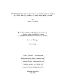 THE DEVELOPMENT and VALIDATION of an OBSERVATIONAL CODING SYSTEM for REAL-TIME PARENT-ADOLESCENT MENTALIZING by Salome Vanwoerde