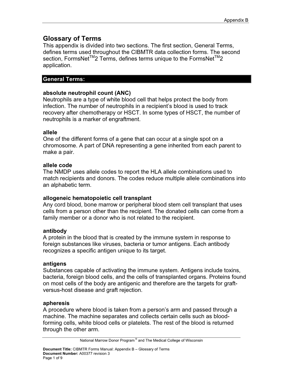 Appendix B – Glossary of Terms Document Number: A00377 Revision 3 Page 1 of 9 Appendix B