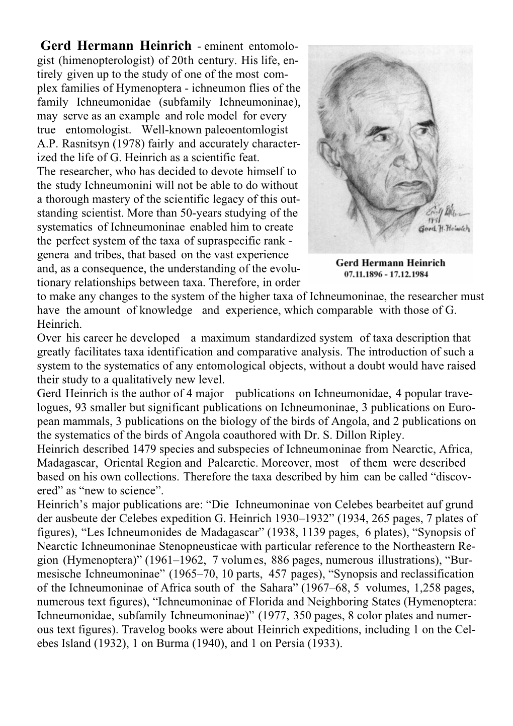 Gerd Hermann Heinrich - Eminent Entomolo- Gist (Himenopterologist) of 20Th Century