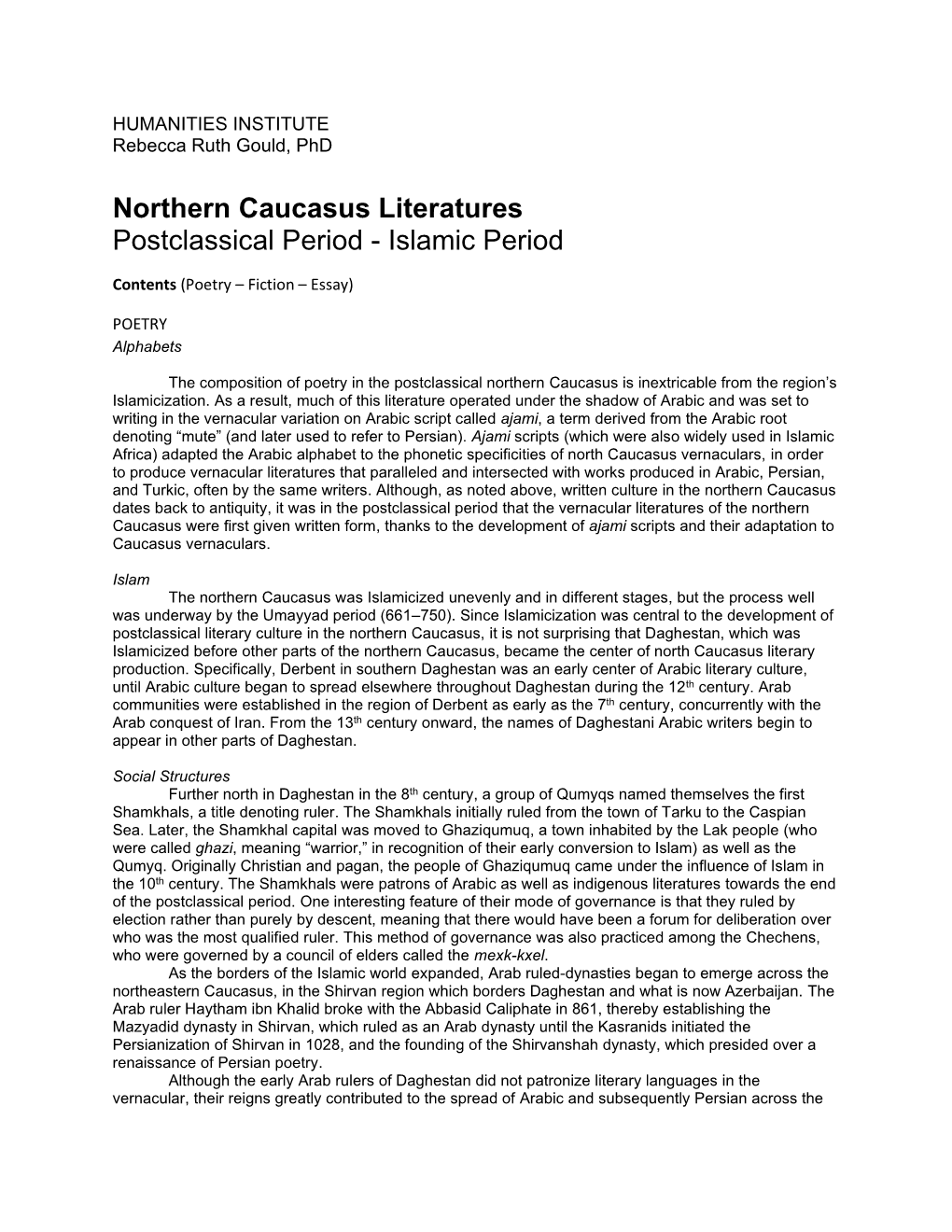Northern Caucasus Literatures Postclassical Period - Islamic Period
