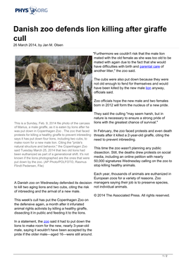 Danish Zoo Defends Lion Killing After Giraffe Cull 26 March 2014, by Jan M