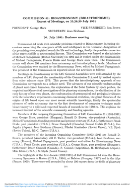 COMMISSION 51: BIOASTRONOMY (BIOASTRONOMIE) Report of Meetings, on 25,26,30 July 1991