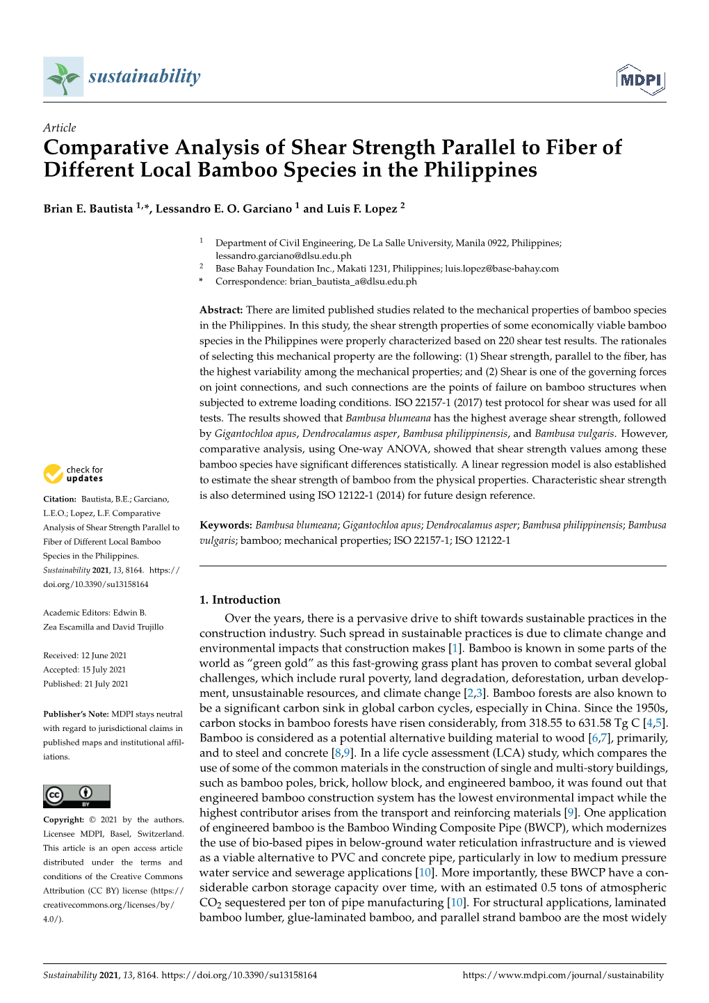 Comparative Analysis of Shear Strength Parallel to Fiber of Different Local Bamboo Species in the Philippines
