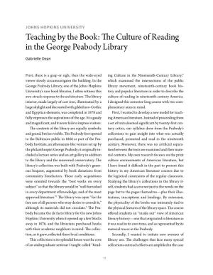 Teaching by the Book: the Culture of Reading in the George Peabody Library Gabrielle Dean