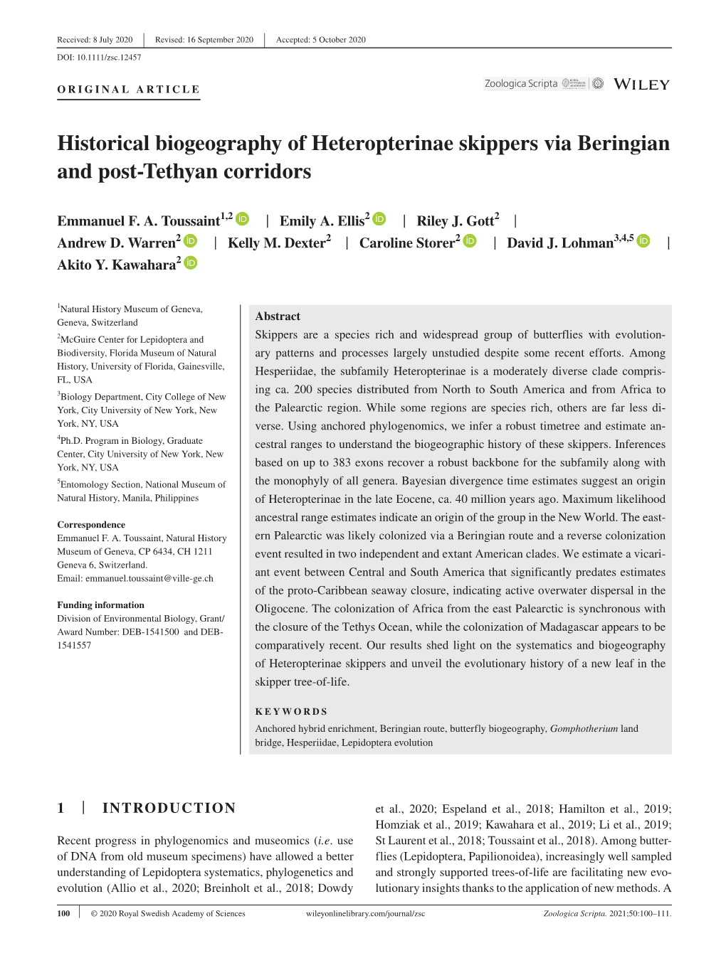 Historical Biogeography of Heteropterinae Skippers Via Beringian and Post-Tethyan Corridors
