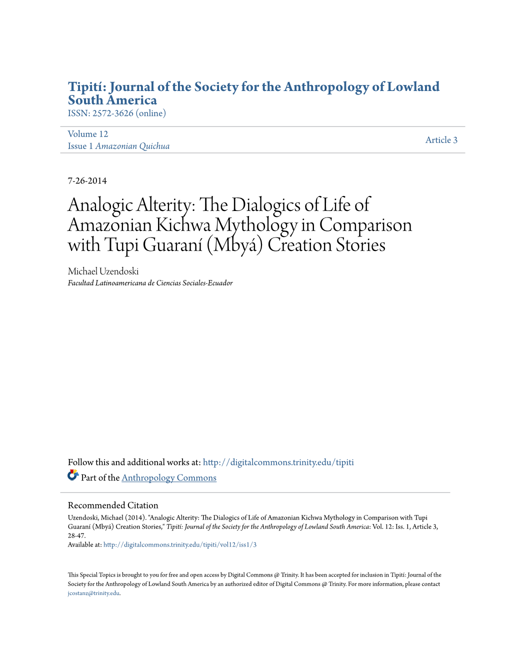 The Dialogics of Life of Amazonian Kichwa Mythology in Comparison