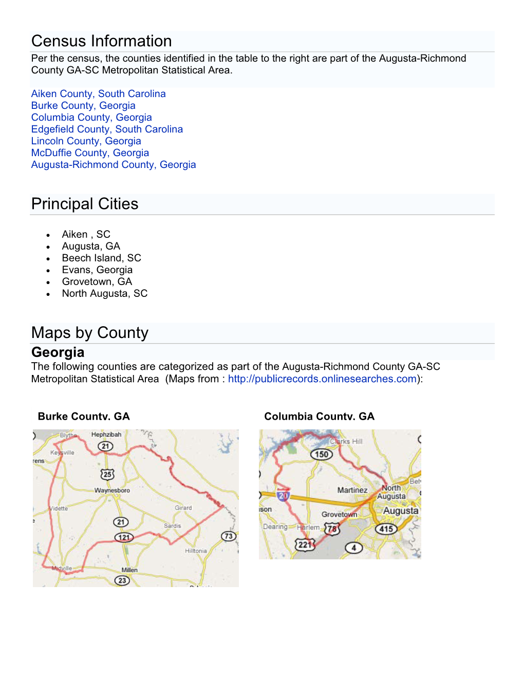 Census Information Principal Cities Maps by County