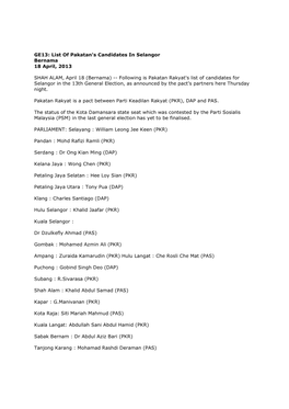 GE13: List of Pakatan's Candidates in Selangor Bernama 18 April, 2013