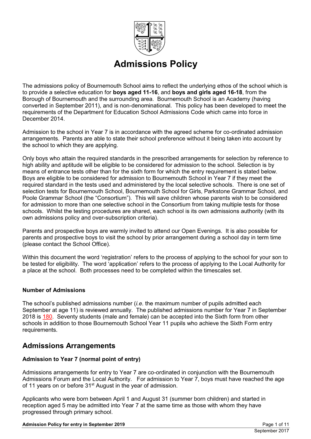 Bournemouth School Proposed Admissions Policy 2019-20