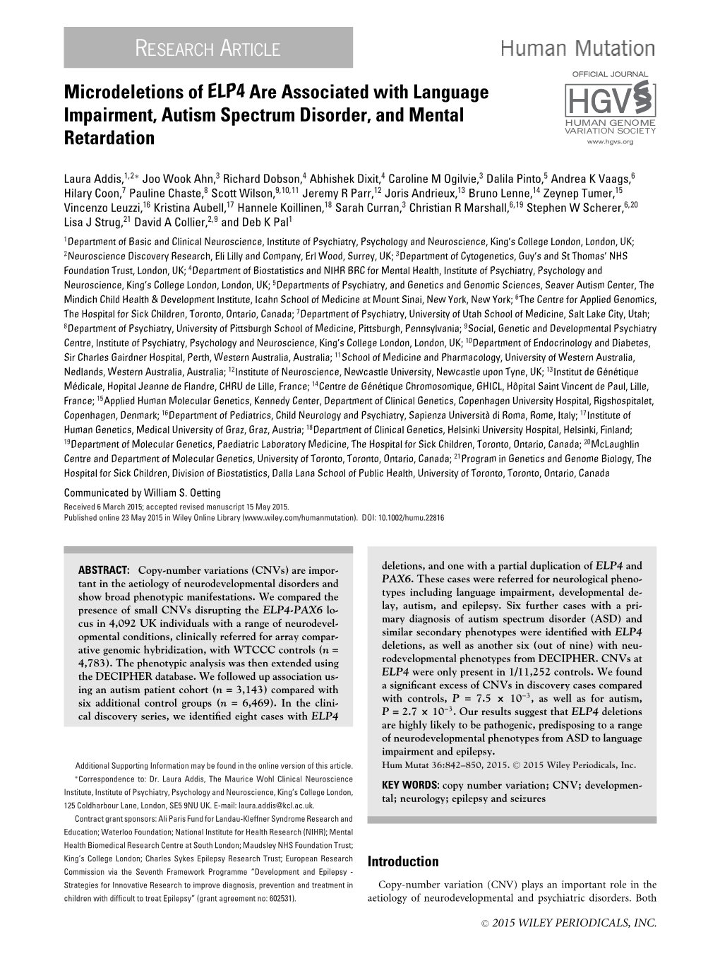 Microdeletions of ELP4 Are Associated with Language Impairment, Autism Spectrum Disorder, and Mental