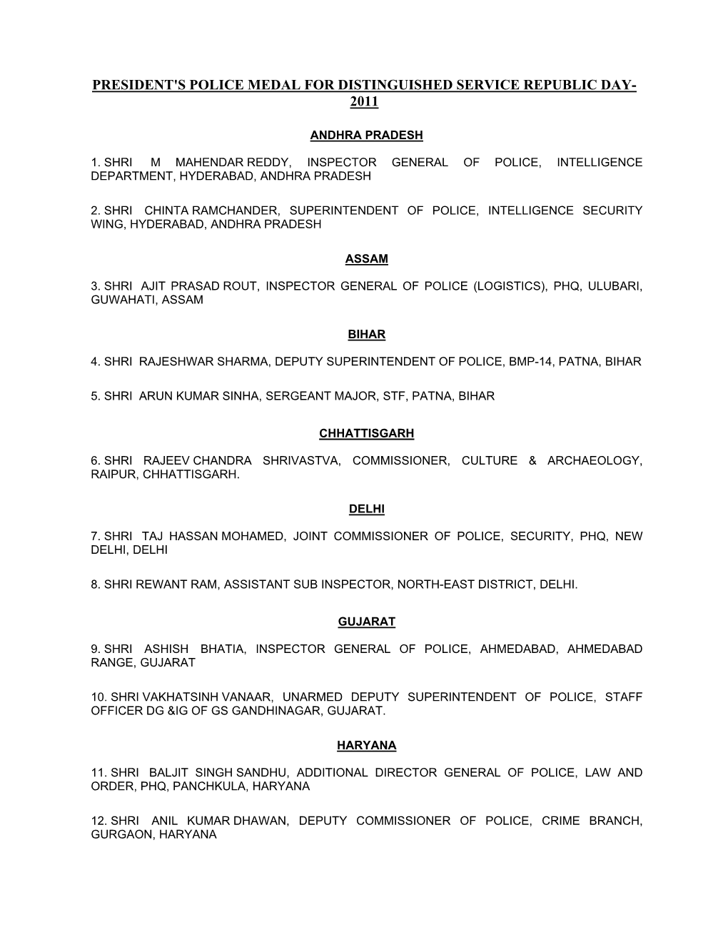 President's Police Medal for Distinguished Service Republic Day- 2011