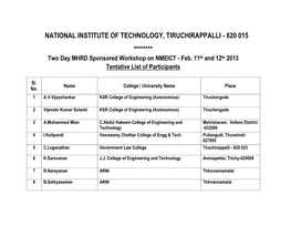 NATIONAL INSTITUTE of TECHNOLOGY, TIRUCHIRAPPALLI - 620 015 ******** Two Day MHRD Sponsored Workshop on NMEICT - Feb