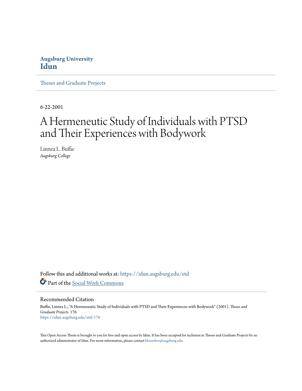 A Hermeneutic Study of Individuals with PTSD and Their Experiences with Bodywork Linnea L