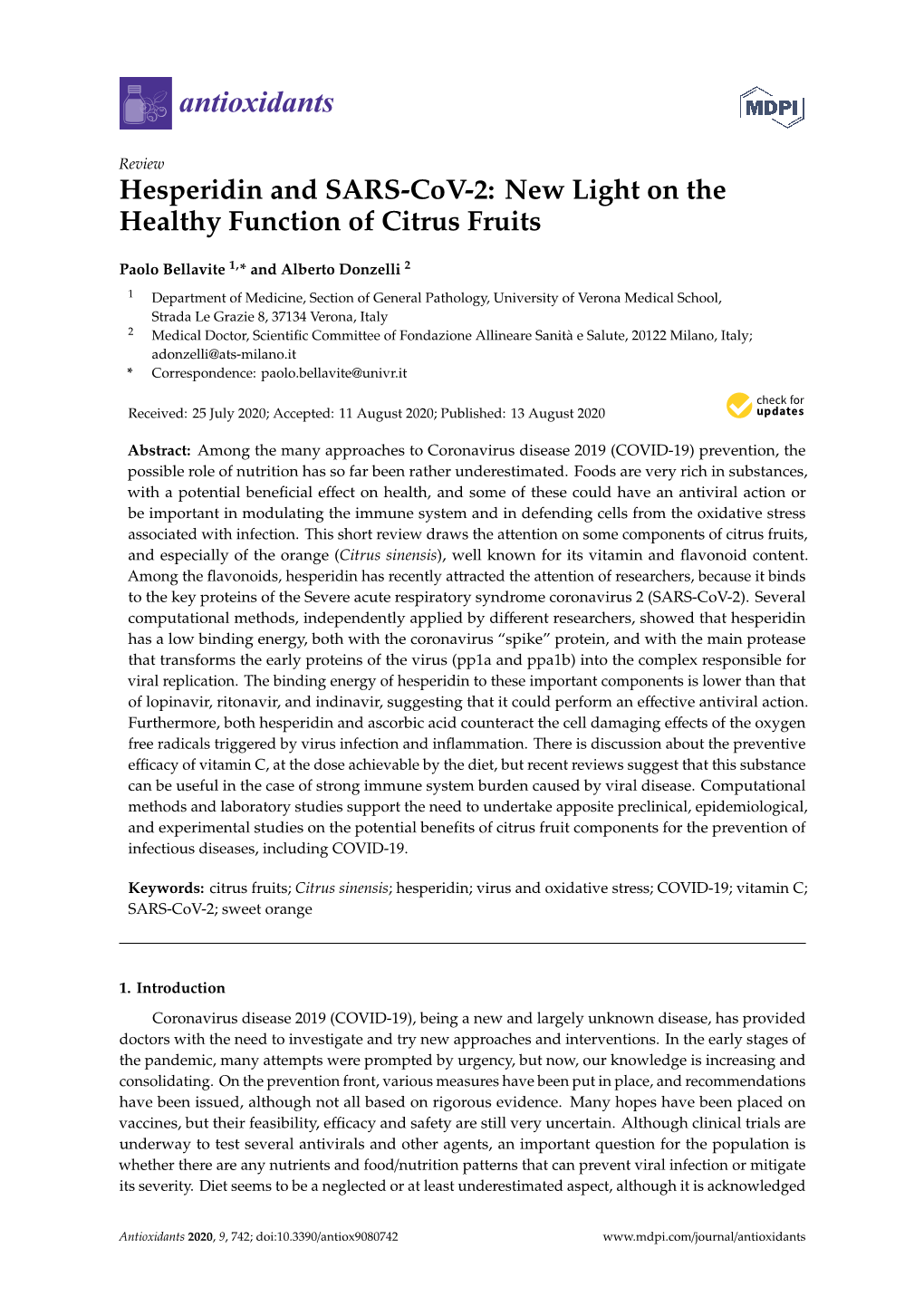 Hesperidin and SARS-Cov-2: New Light on the Healthy Function of Citrus Fruits