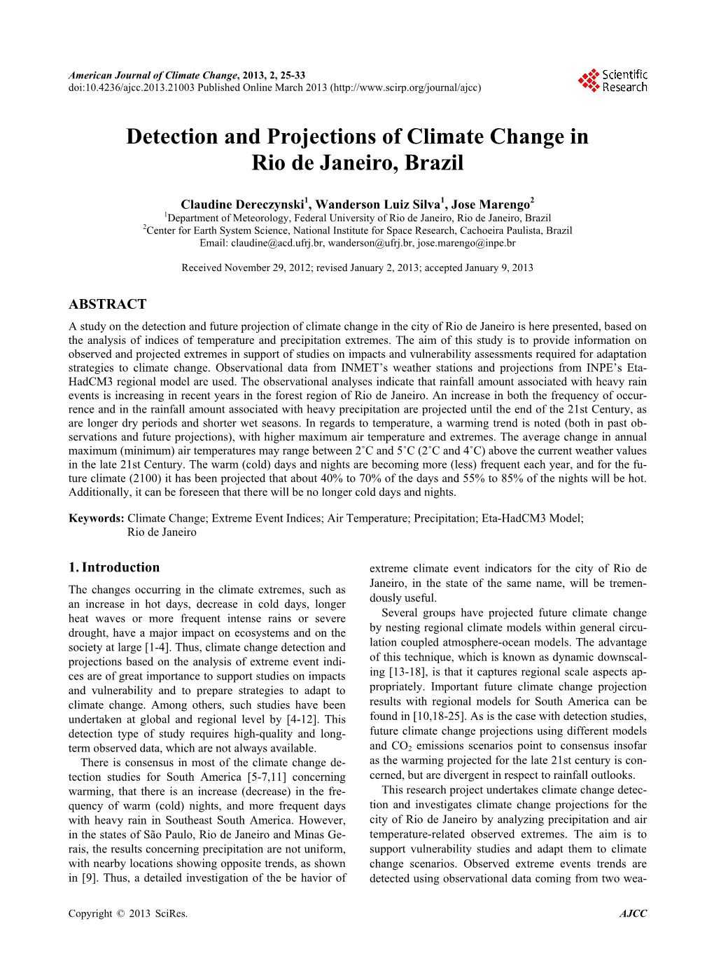 Detection and Projections of Climate Change in Rio De Janeiro, Brazil