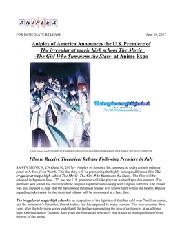 Aniplex of America Announces the US Premiere of the Irregular at Magic