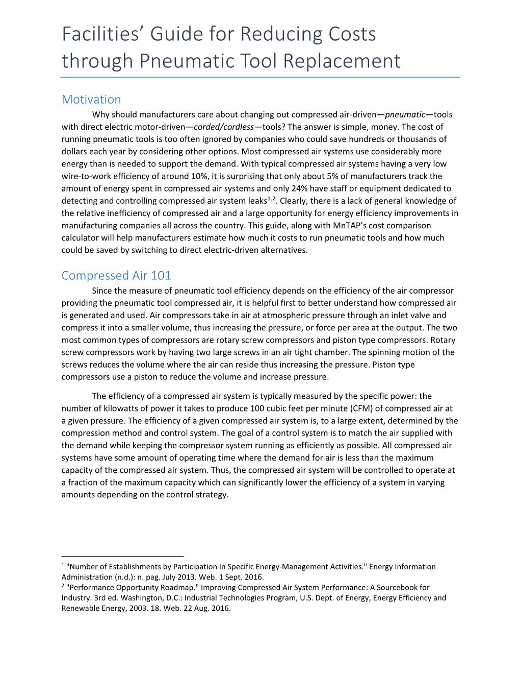 Facilities' Guide for Reducing Costs Through Pneumatic Tool Replacement