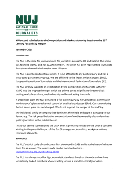 NUJ Second Submission to the Competition and Markets Authority Inquiry on the 21St Century Fox and Sky Merger