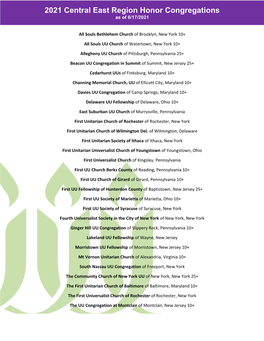 2021 Central East Region Honor Congregations As of 6/17/2021