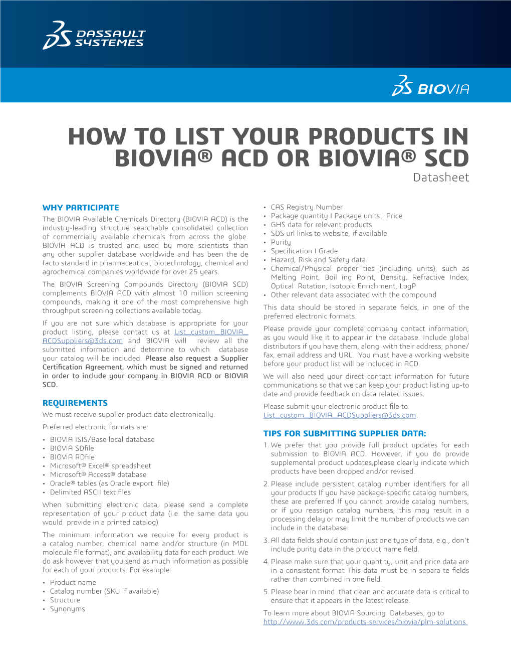 HOW to LIST YOUR PRODUCTS in BIOVIA® ACD OR BIOVIA® SCD Datasheet