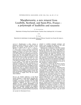 Macphersonite, a New Mineral from Leadhills, Scotland, and Saint-Prix, France- a Polymorph of Leadhillite and Susannite