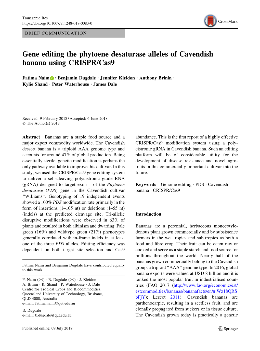 Gene Editing the Phytoene Desaturase Alleles of Cavendish Banana Using CRISPR/Cas9