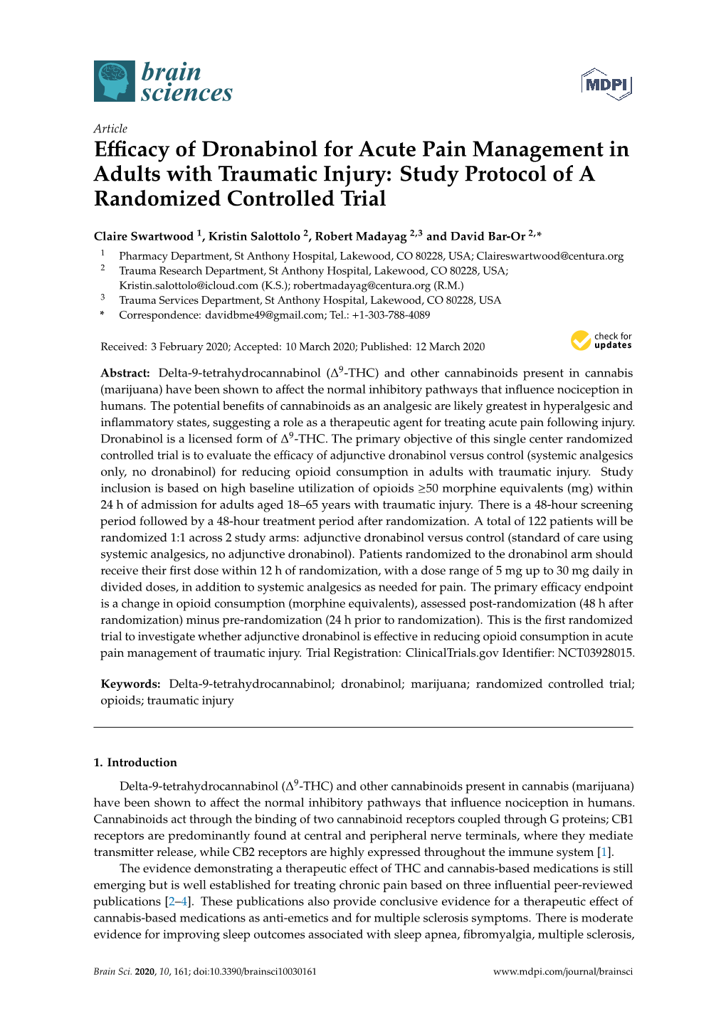 Efficacy of Dronabinol for Acute Pain Management in Adults With