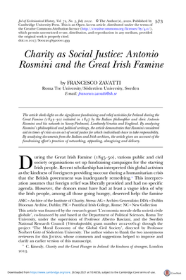 Charity As Social Justice: Antonio Rosmini and the Great Irish Famine