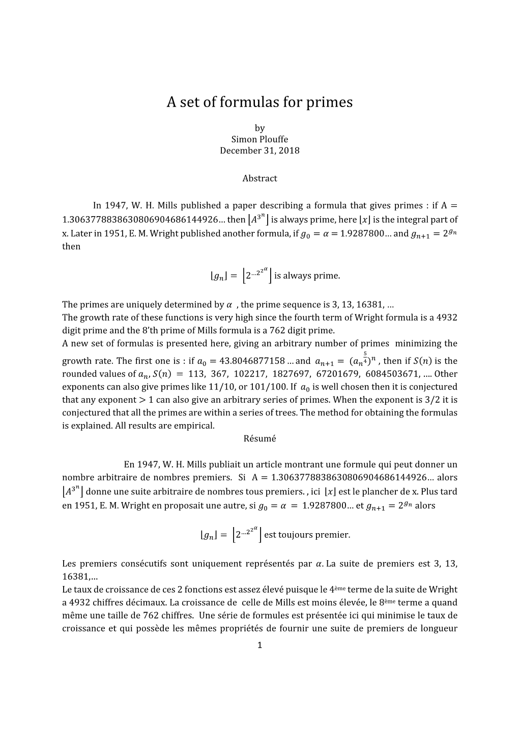 A Set of Formulas for Primes