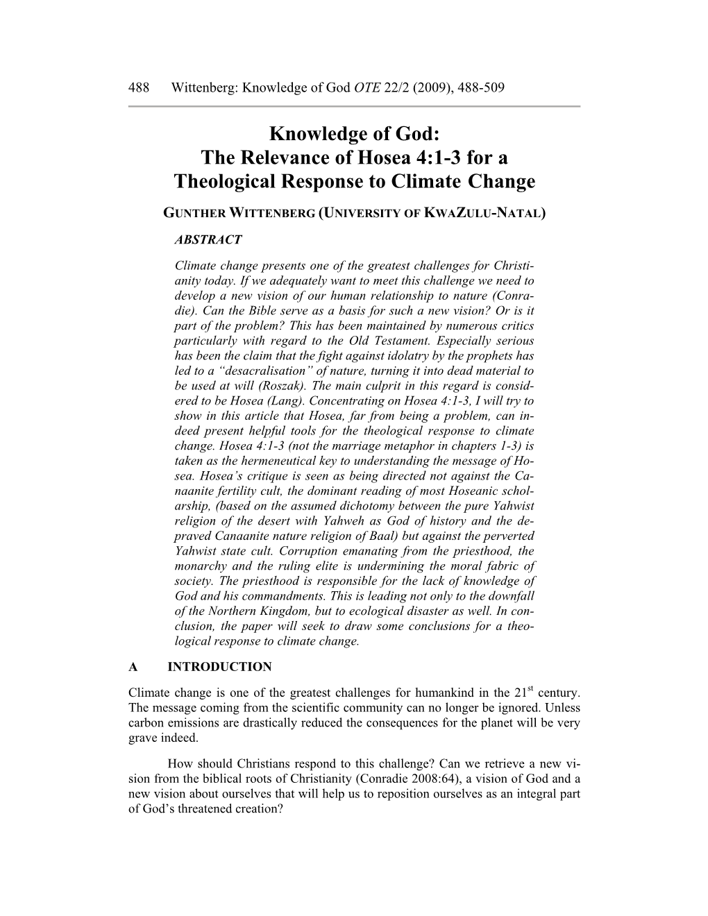 Knowledge of God: the Relevance of Hosea 4:1-3 for a Theological Response to Climate Change