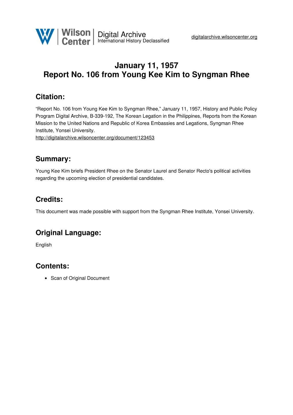 January 11, 1957 Report No. 106 from Young Kee Kim to Syngman Rhee