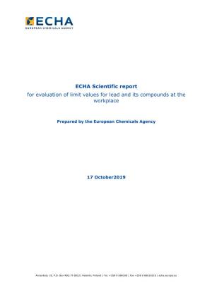 ECHA Scientific Report for Evaluation of Limit Values for Lead and Its Compounds at the Workplace
