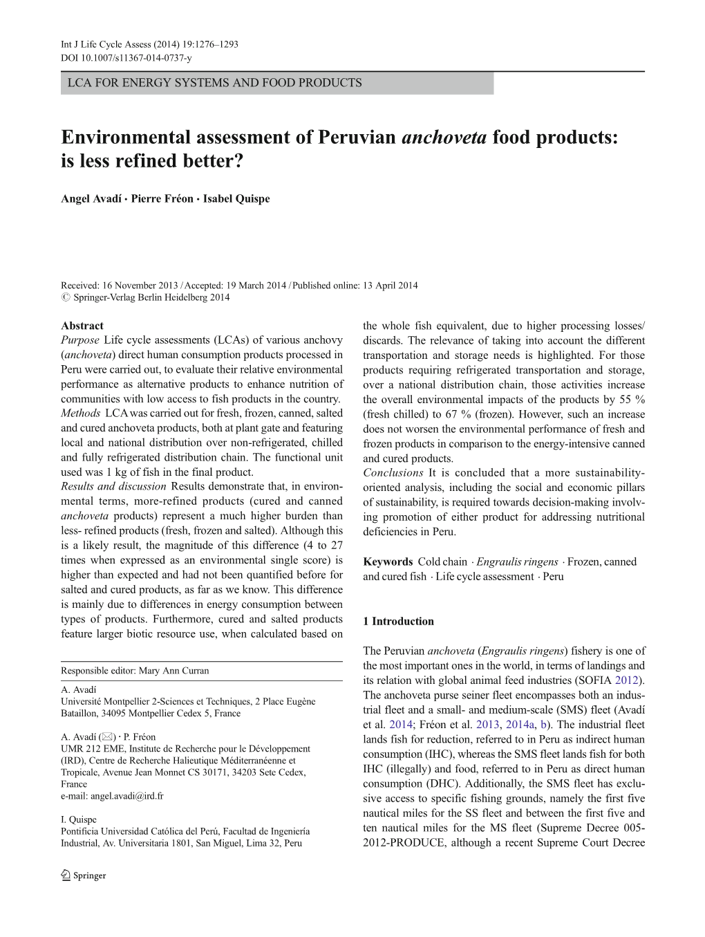 Environmental Assessment of Peruvian Anchoveta Food Products: Is Less Refined Better?