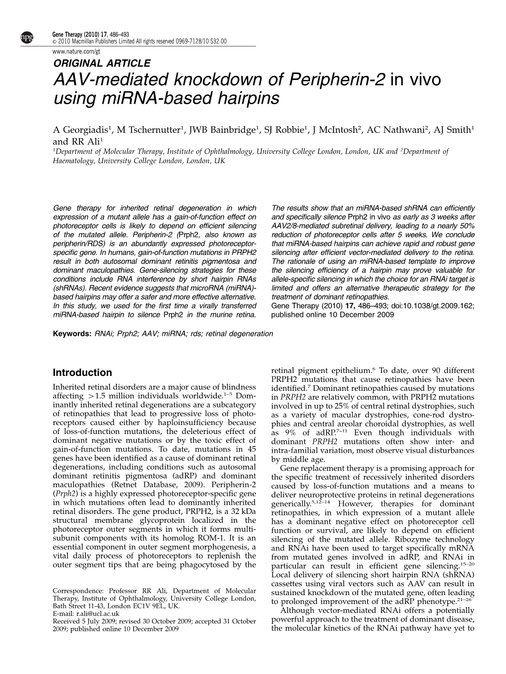 AAV-Mediated Knockdown of Peripherin-2 in Vivo Using Mirna-Based Hairpins