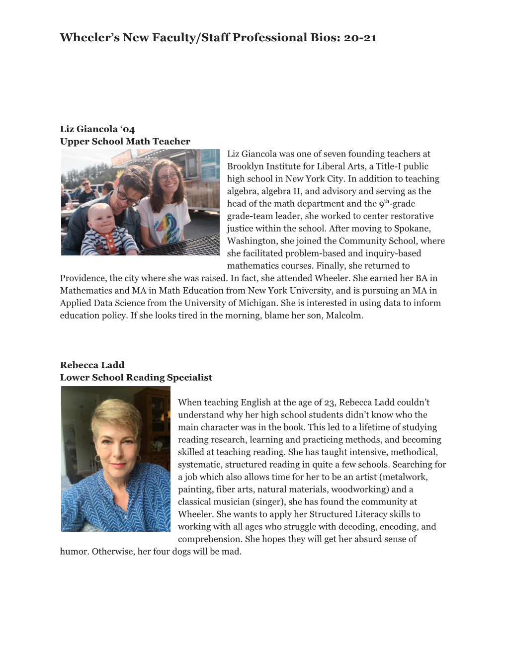 Wheeler's New Faculty/Staff Professional Bios: 20-21
