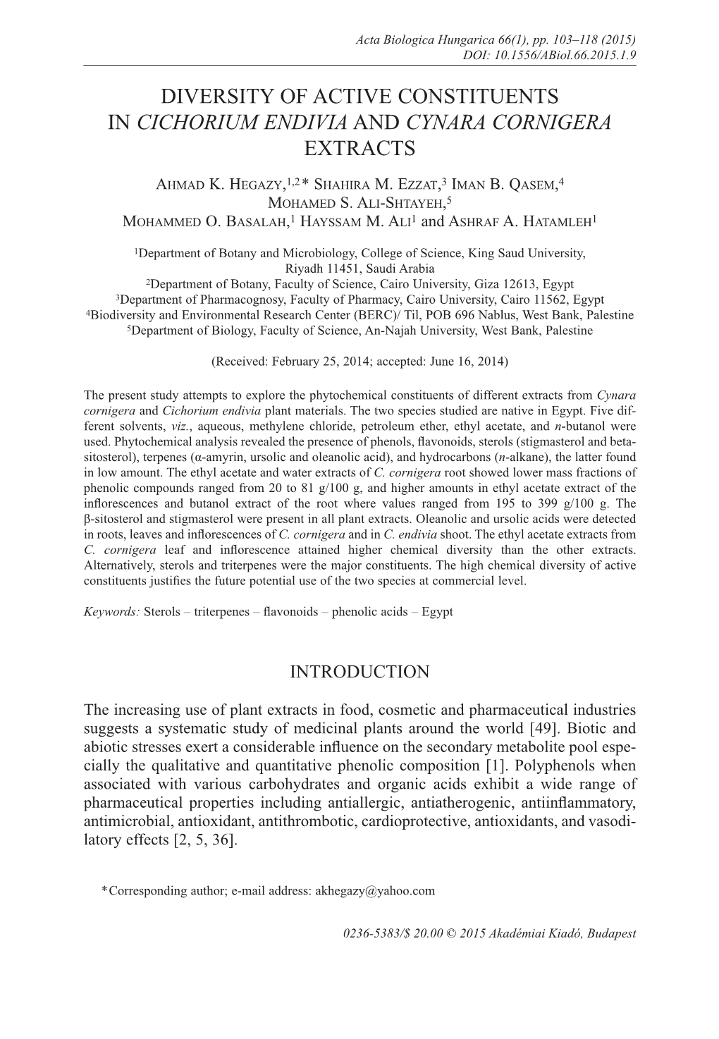 Diversity of Active Constituents in Cichorium Endivia and Cynara Cornigera Extracts