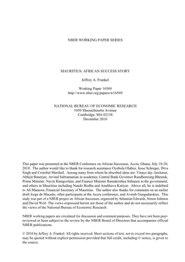 Nber Working Paper Series Mauritius: African Success