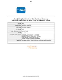 Confidential: for Review Only (Over)Eating Out: an Observational Study of the Energy Content of Main Meals Served in Major UK Restaurant Chains