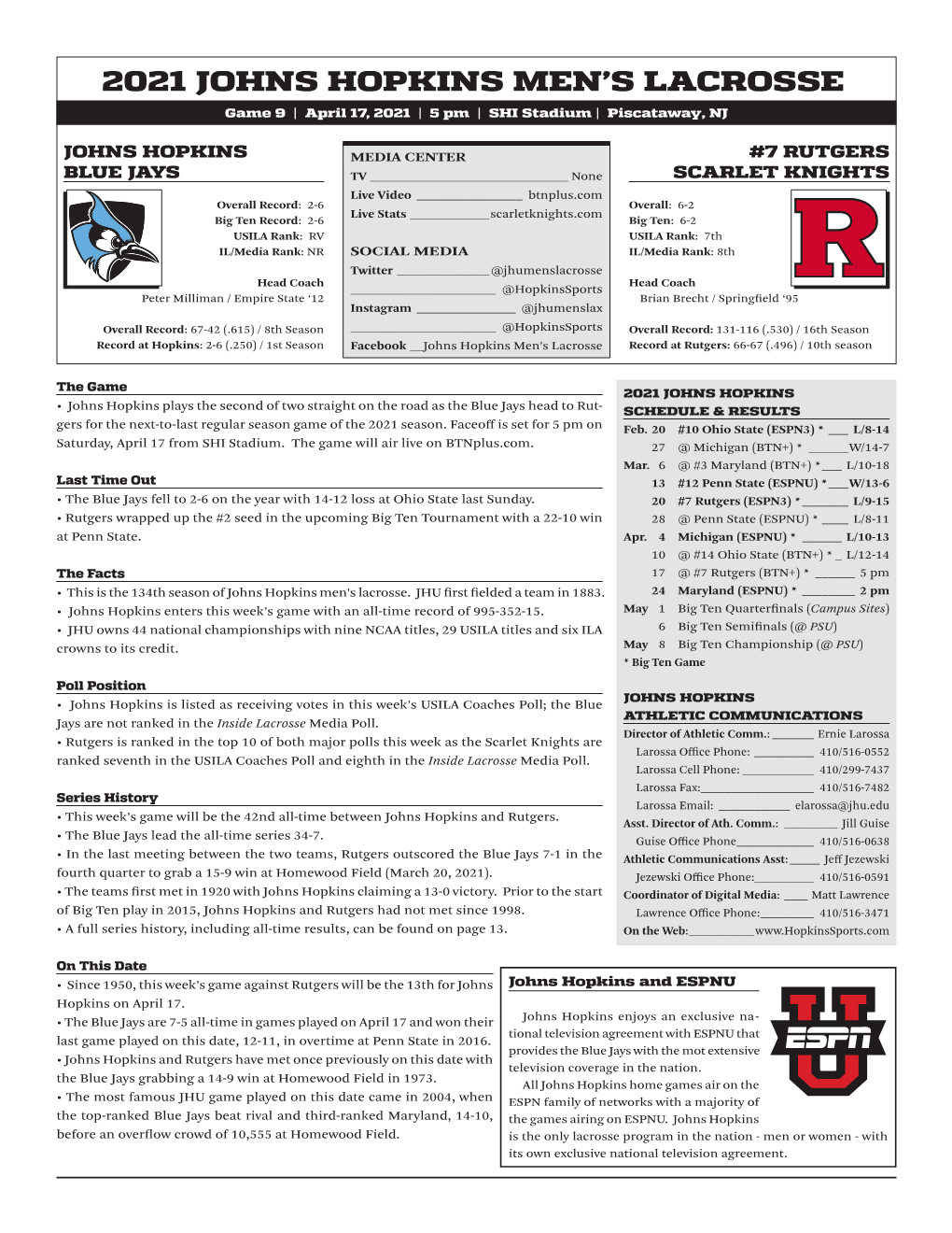 2021 Johns Hopkins Men's Lacrosse Johns Hopkins Game Results All Games (As of Apr 11, 2021)