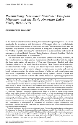 Reconsidering Indentured Servitude: European Migration and the Early American Labor Force, 1600-1775